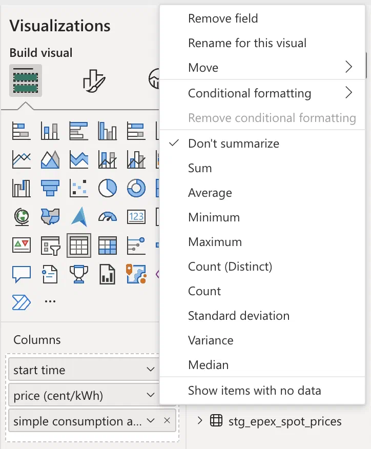 Configuring the table visualization