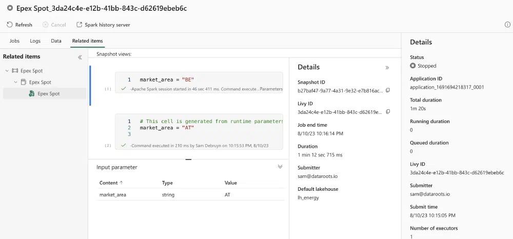 Execution details of a single Notebook run