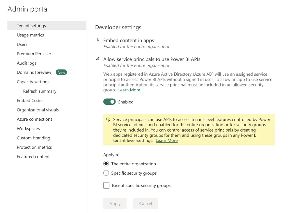 Allow service principals to use Power BI APIs