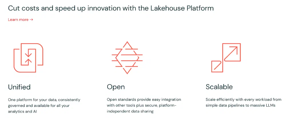 Branding on the homepage of Databricks to showcase its openness