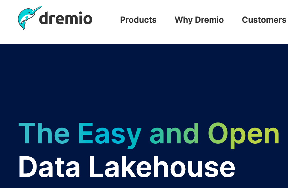 Branding on the homepage of Dremio to showcase its openness